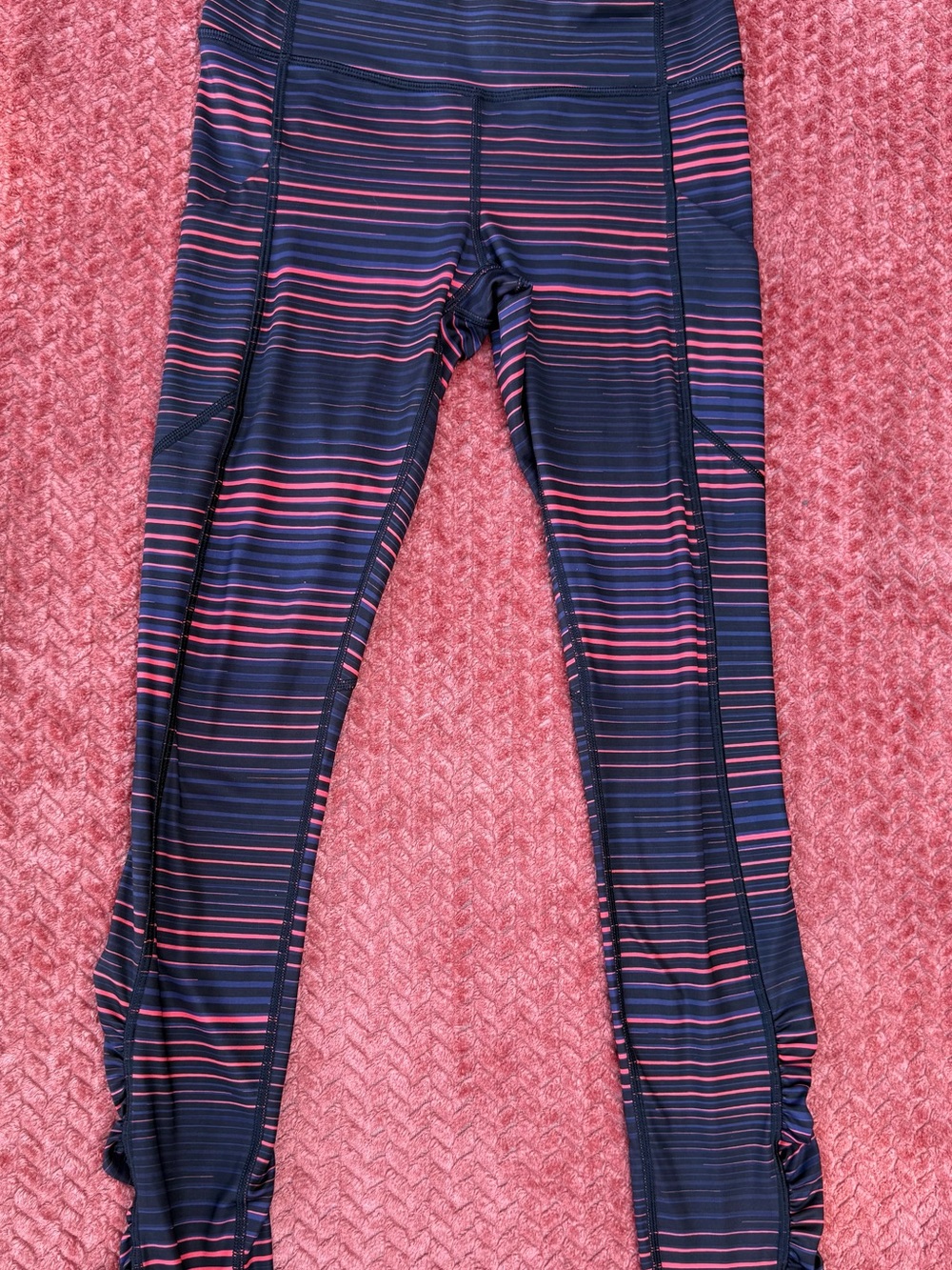 Lululemon Striped Navy & Pink Athletic Leggings with ruffle bottom and zipper